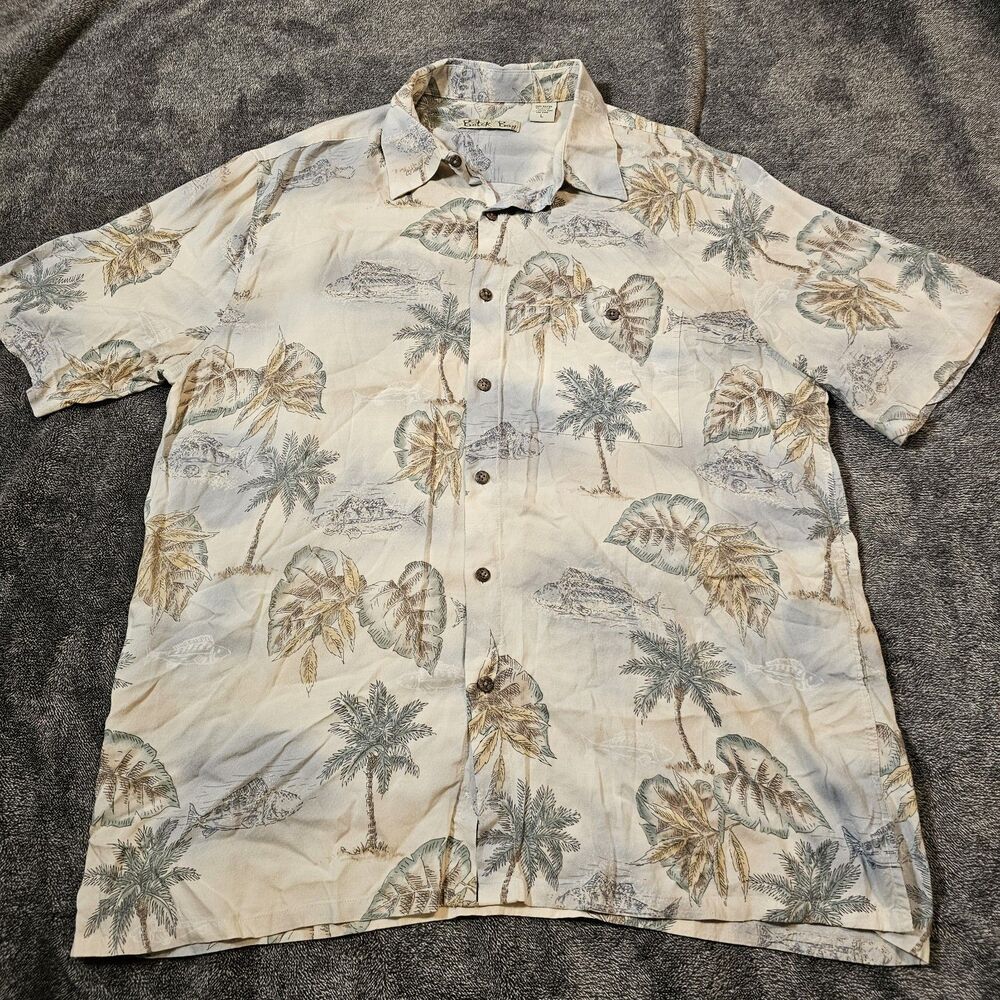Batik Bay Mens Large Hawaiian Shirt Fish Palm Trees Tropical Rayon Button Up